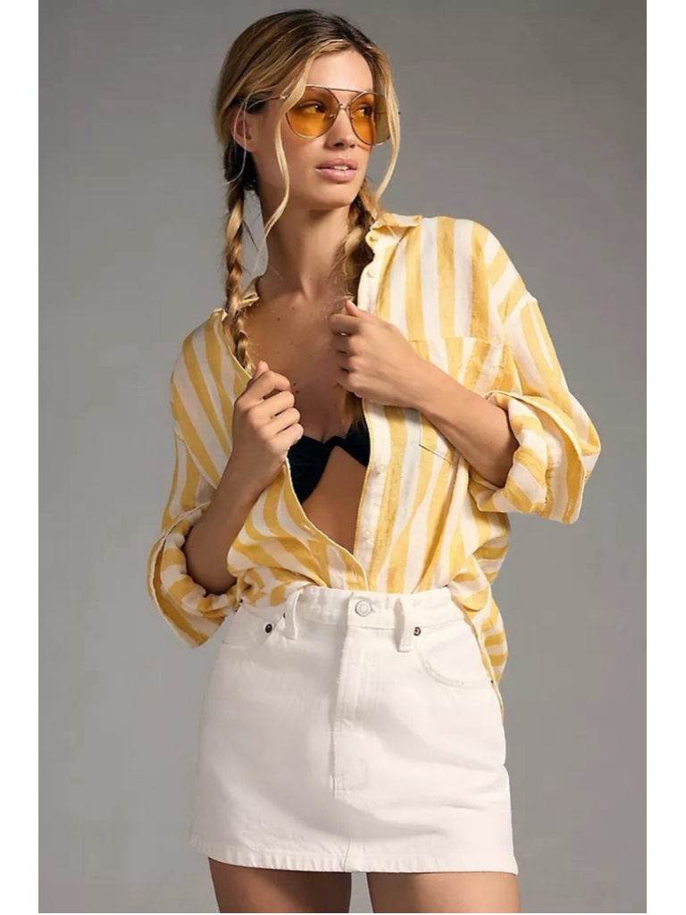 Trovata Birds Of Paradise Blake Oversized Boyfriend Shirt Yellow Stripe Linen Xs